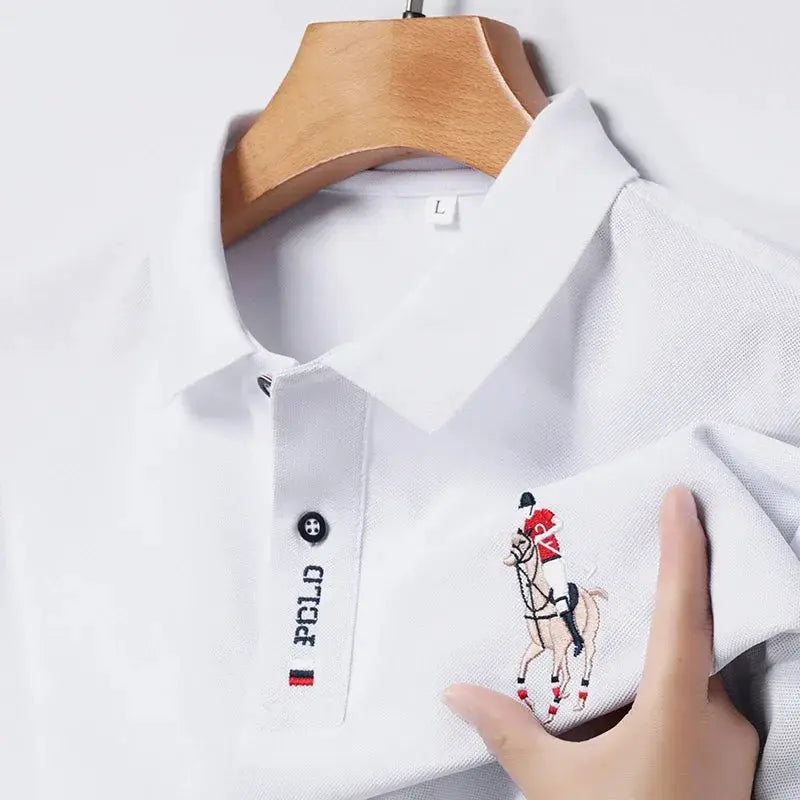 Men's white polo shirt with embroidered polo pony logo on chest, short sleeves