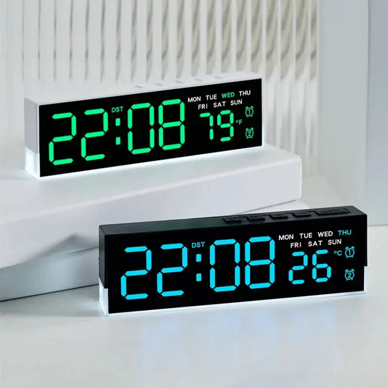 USB-powered digital alarm clocks with white mood light; black and white LED desk clocks show day, temp, and 12/24h time