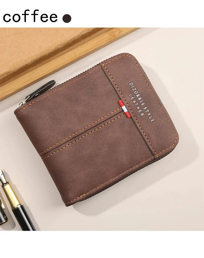 Wallet by Simples Market, brown leather men's with zipper, compact three-fold design, retro casual style.