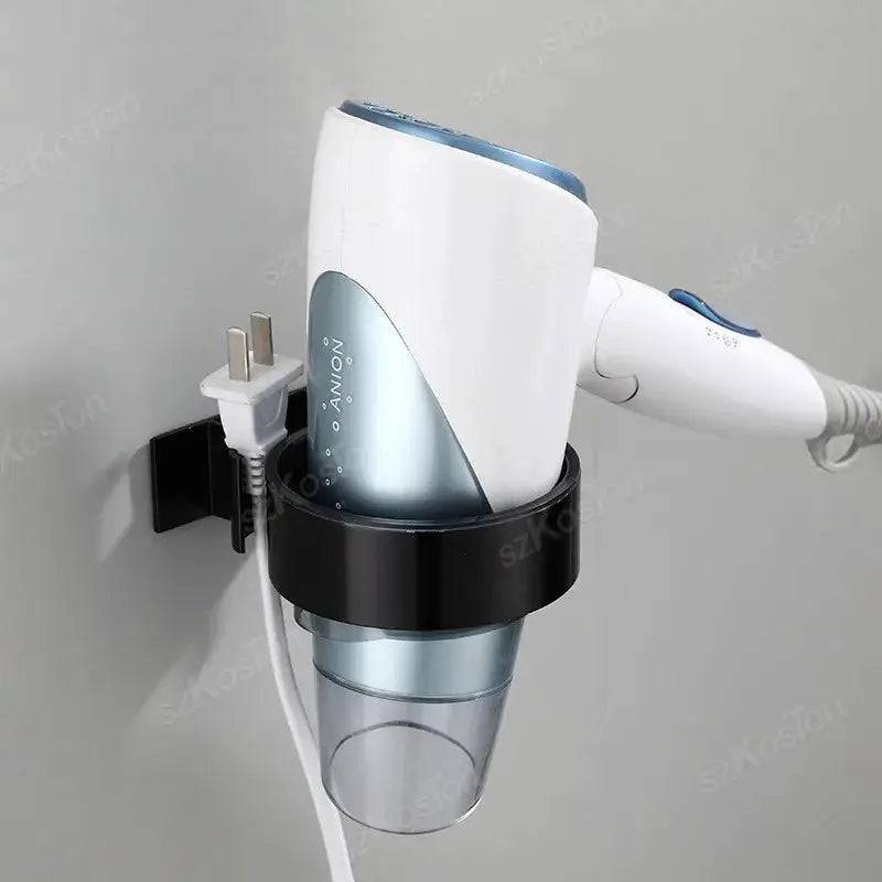 No Punching hair dryer holder rack; white dryer with blue accents in black adhesive wall-mount rack by Simples Market