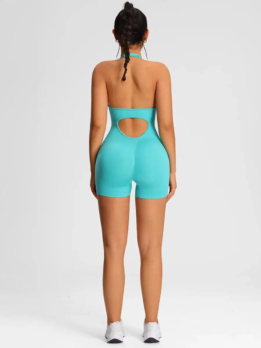 Simples Market teal women's romper jumpsuit with back cutout for gym and yoga