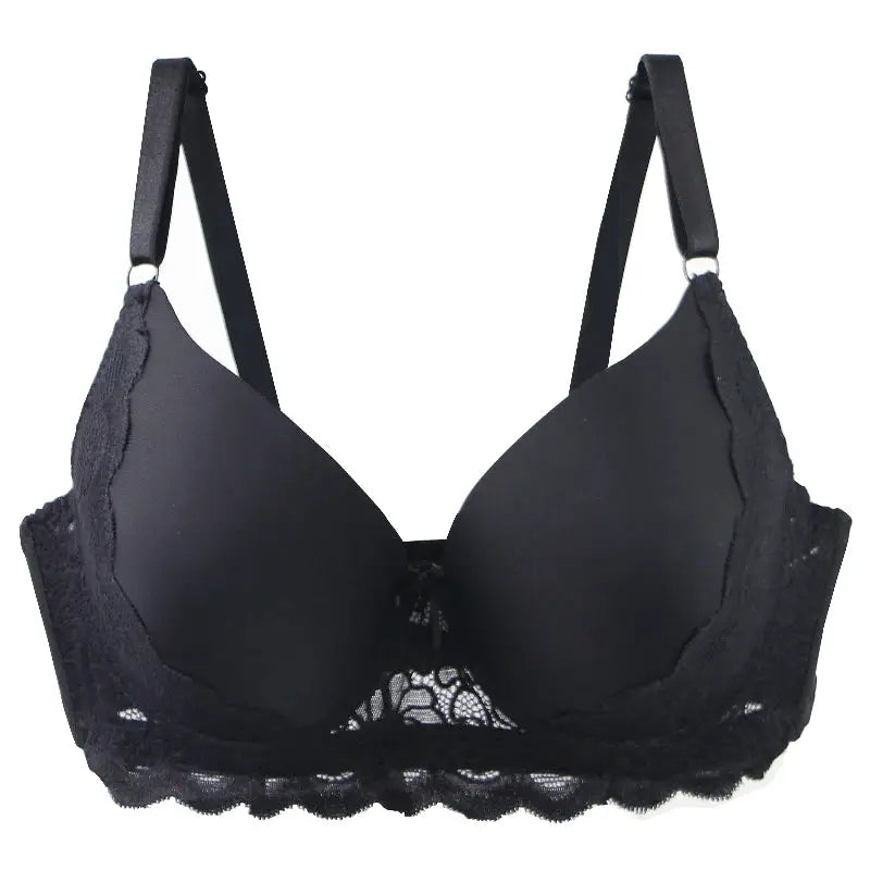 Black lace push-up bra with molded cups and scalloped trim