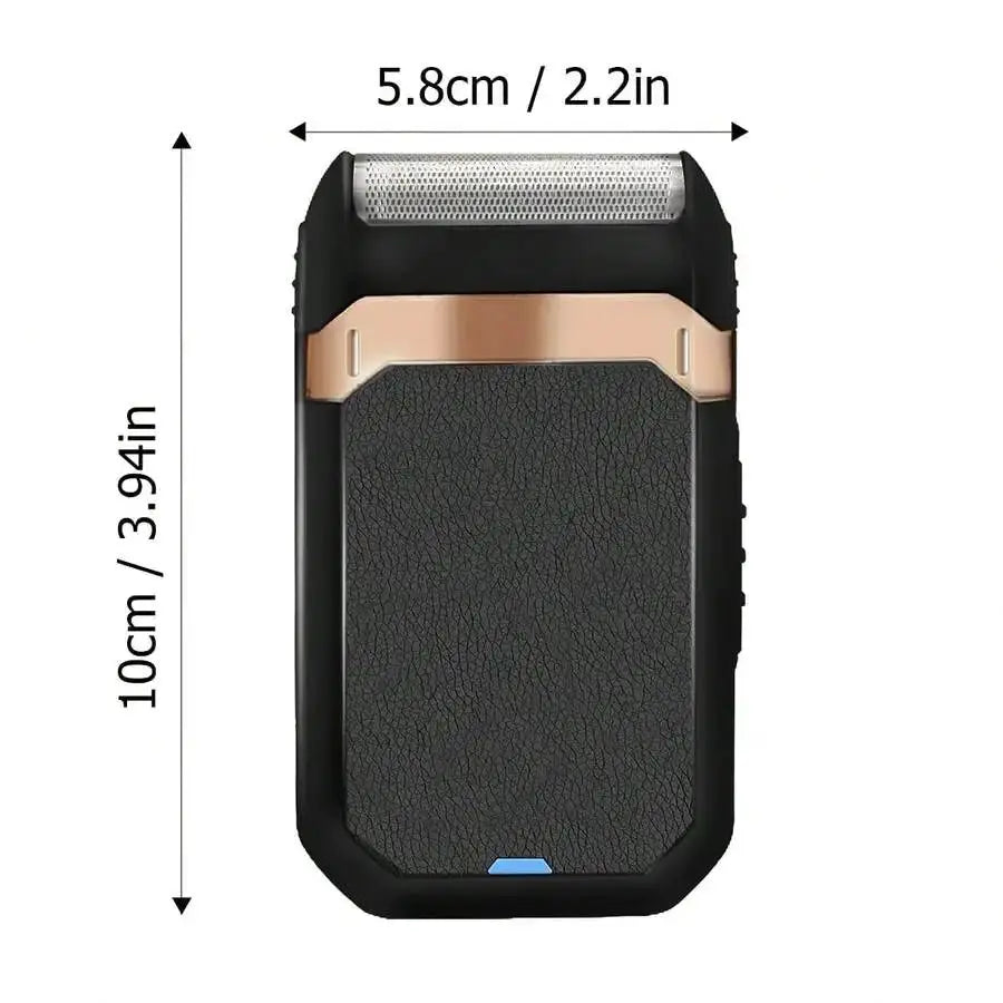 Rechargeable electric foil shaver for men by Simples Market, black with gold trim, compact travel size