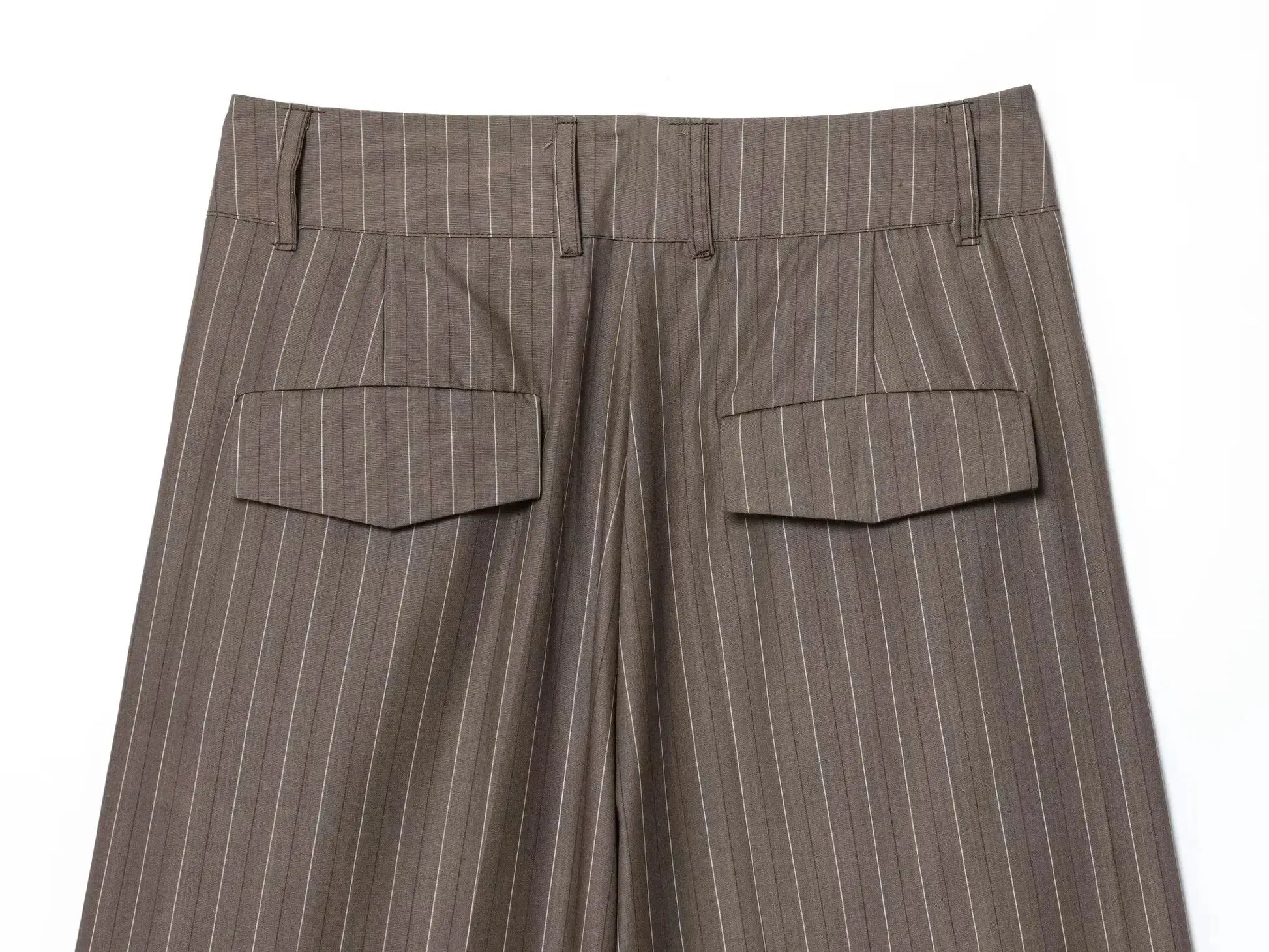 KONDALA brown pinstripe wide-leg pants with belt loops and back flap pockets, waistband close-up