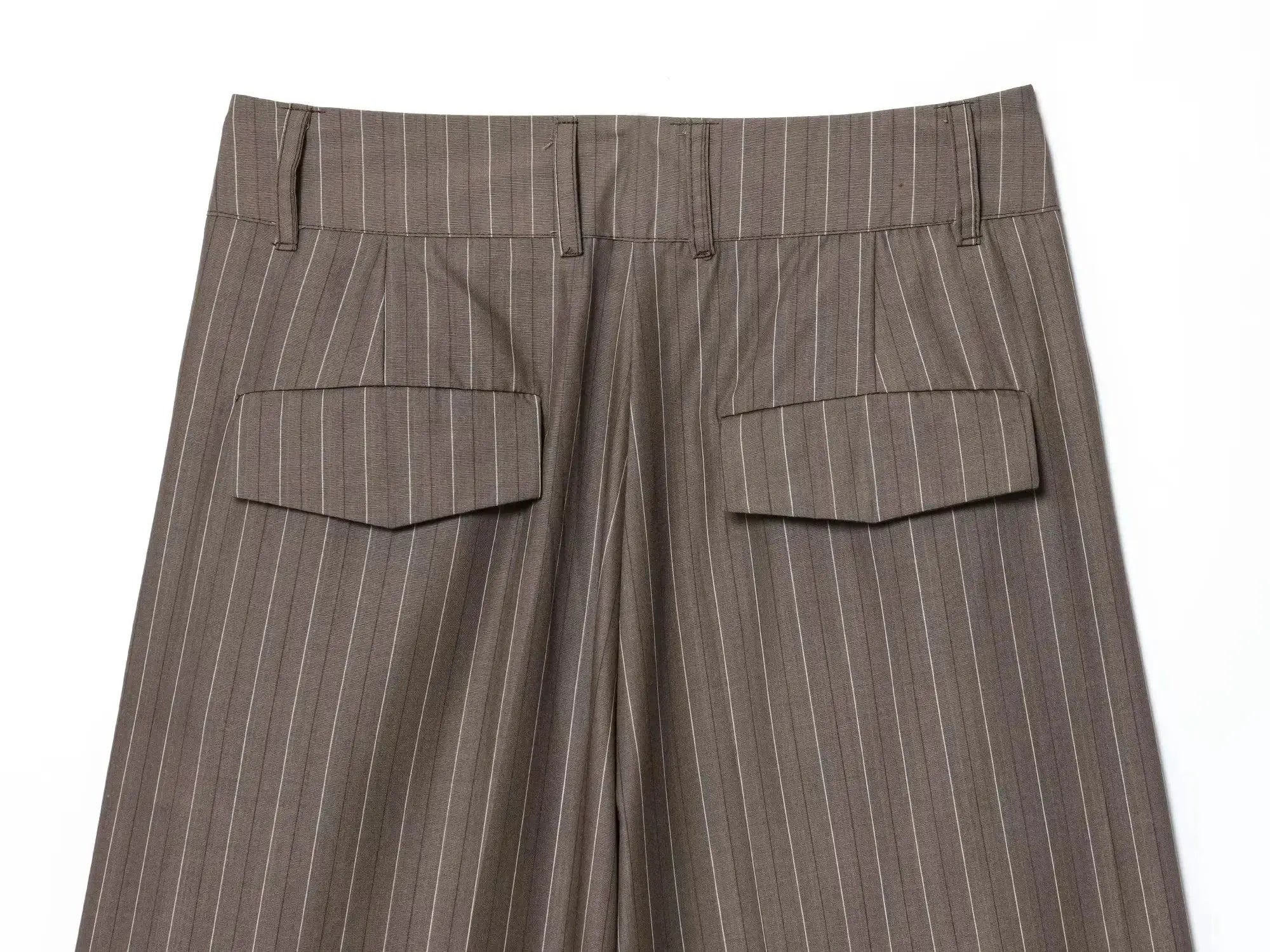 KONDALA brown pinstripe wide-leg pants with belt loops and back flap pockets, waistband close-up