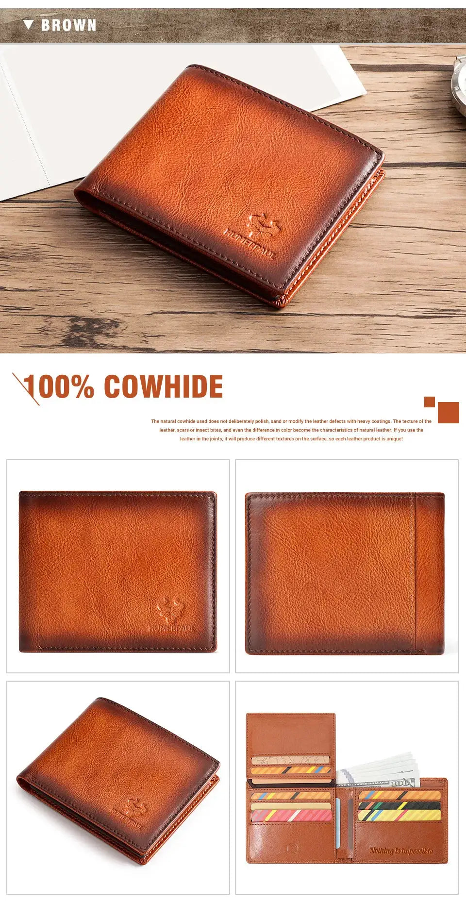 KAVIS handmade brown leather wallet with RFID card holder and ID window, large capacity