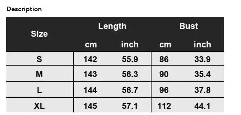 Simples Market women's jumpsuit size chart showing length and bust for 4 sizes (S–XL) in cm/in