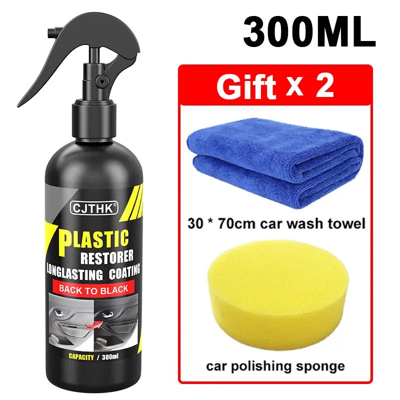 CJTHK Plastic Restorer 300ml spray for back-to-black finish; gift set includes 2 blue car towels and a yellow sponge.
