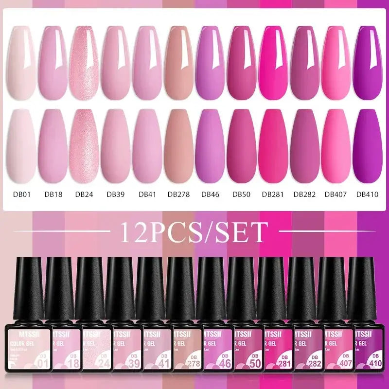 Gel nail polish set, 12pcs, nude-pink-red glitter shades, Simples Market, soak-off UV gel varnish