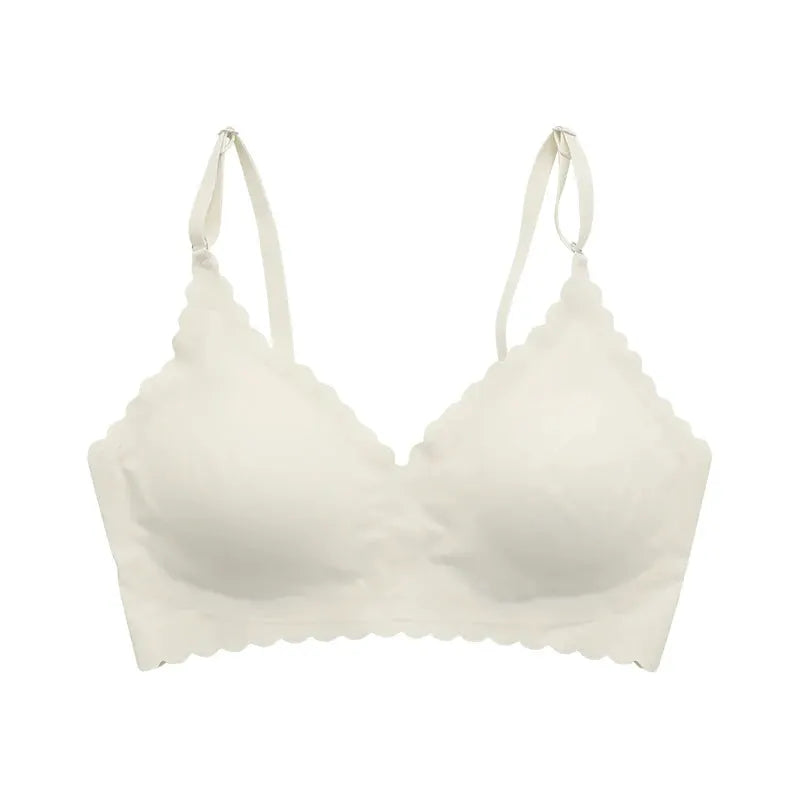 Simples Market wirefree padded bra in ivory with scalloped wavy edge