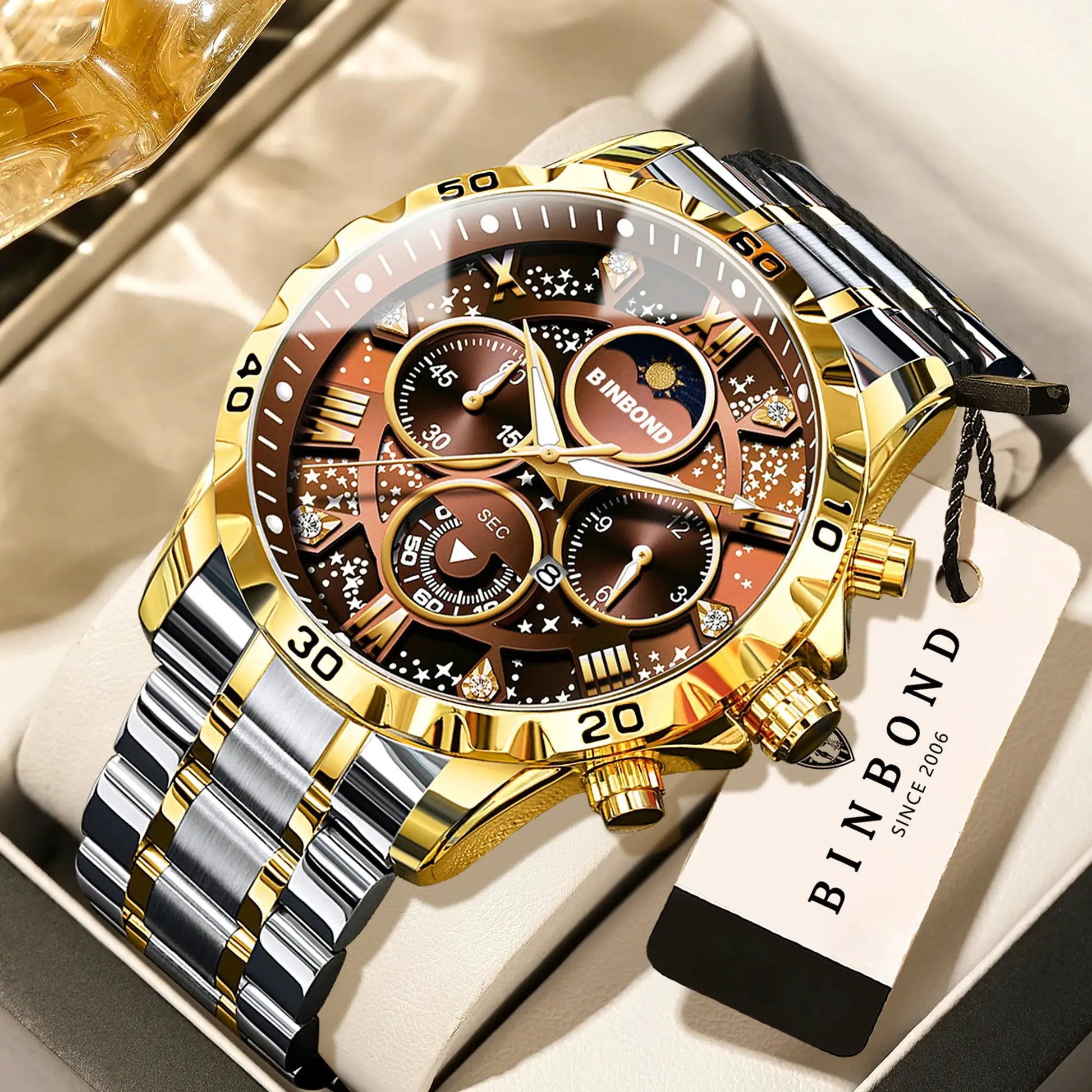 BINBOND men's luxury quartz chronograph watch with two-tone gold and silver stainless steel bracelet and luminous dial