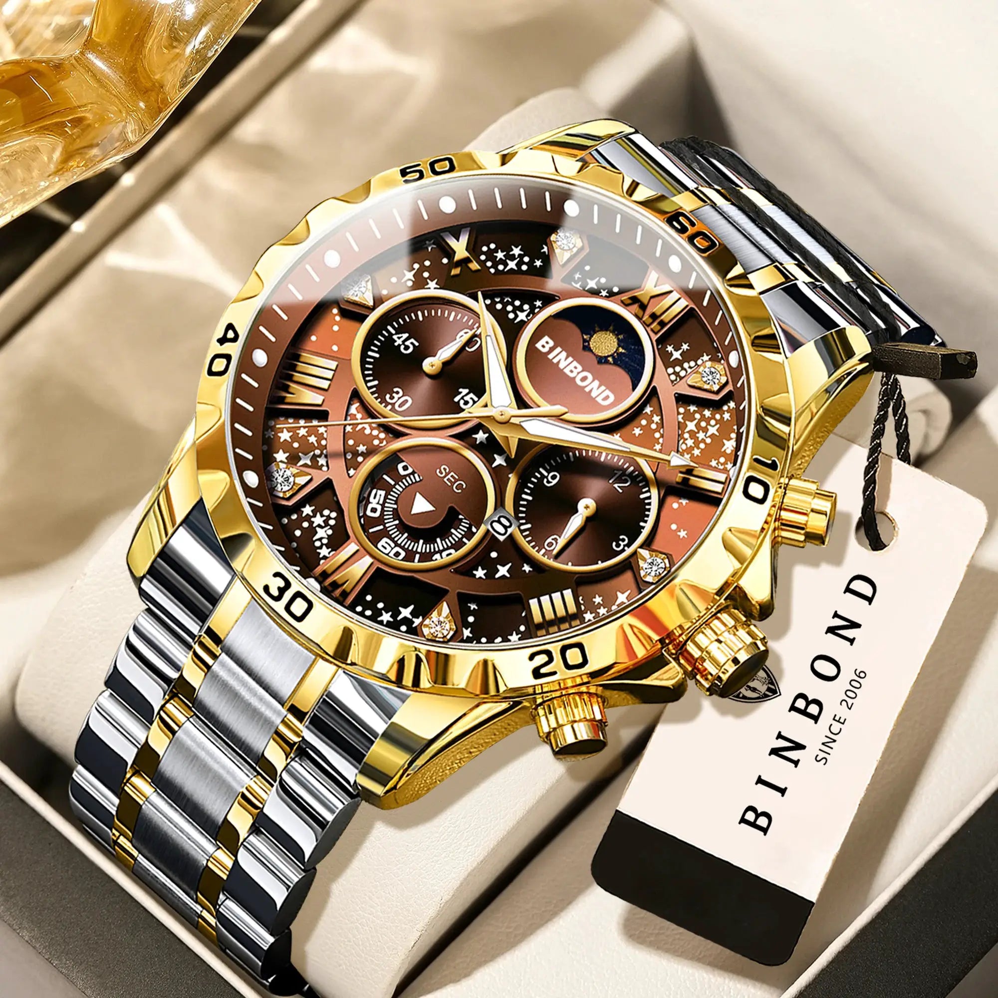 BINBOND men's luxury quartz chronograph watch with two-tone gold and silver stainless steel bracelet and luminous dial