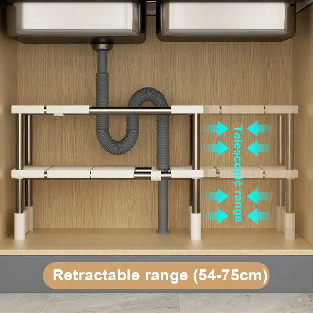 Stackable wardrobe organizer with telescopic rails; adjustable 54–75 cm; under-sink cabinet rack with metal frame