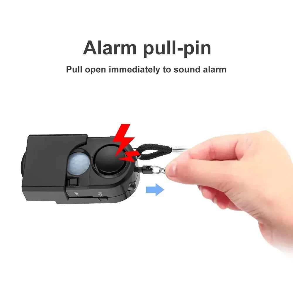 Alarm pull-pin security device, black portable alarm with LED light and keychain cord
