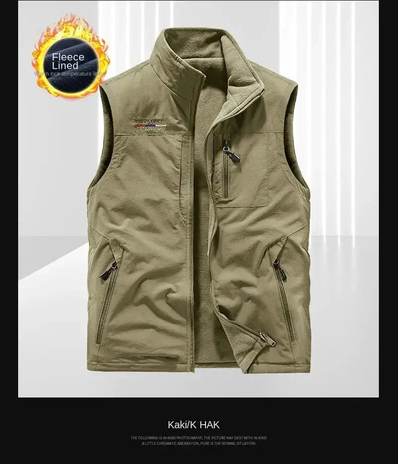 Men's olive-green heated vest with fleece lining and multiple zip pockets