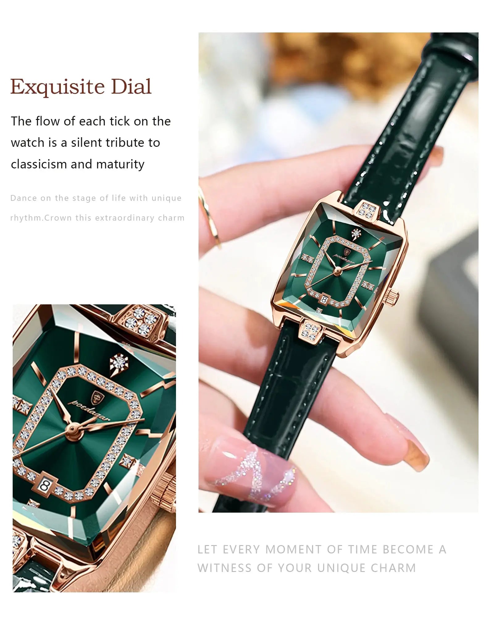 POEDAGAR luxury women wristwatch with emerald green dial, diamond bezel, rose-gold case, green leather strap