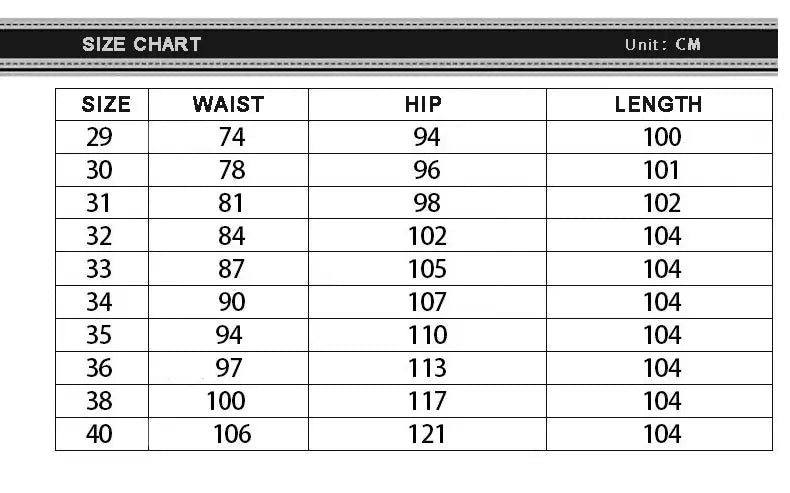 Mens Chino Pants size chart by Simples Market; waist, hip and length per size.