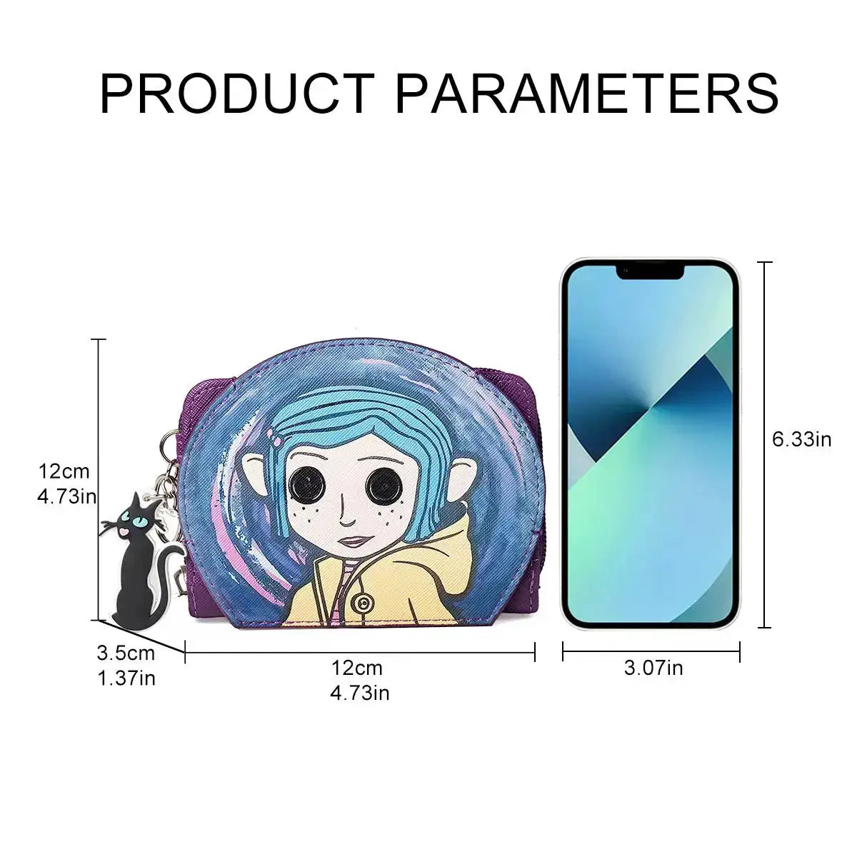 Caroline Sweet Cartoon Coin Purse by Simples Market, purple mini wallet with blue-haired design and cat charm