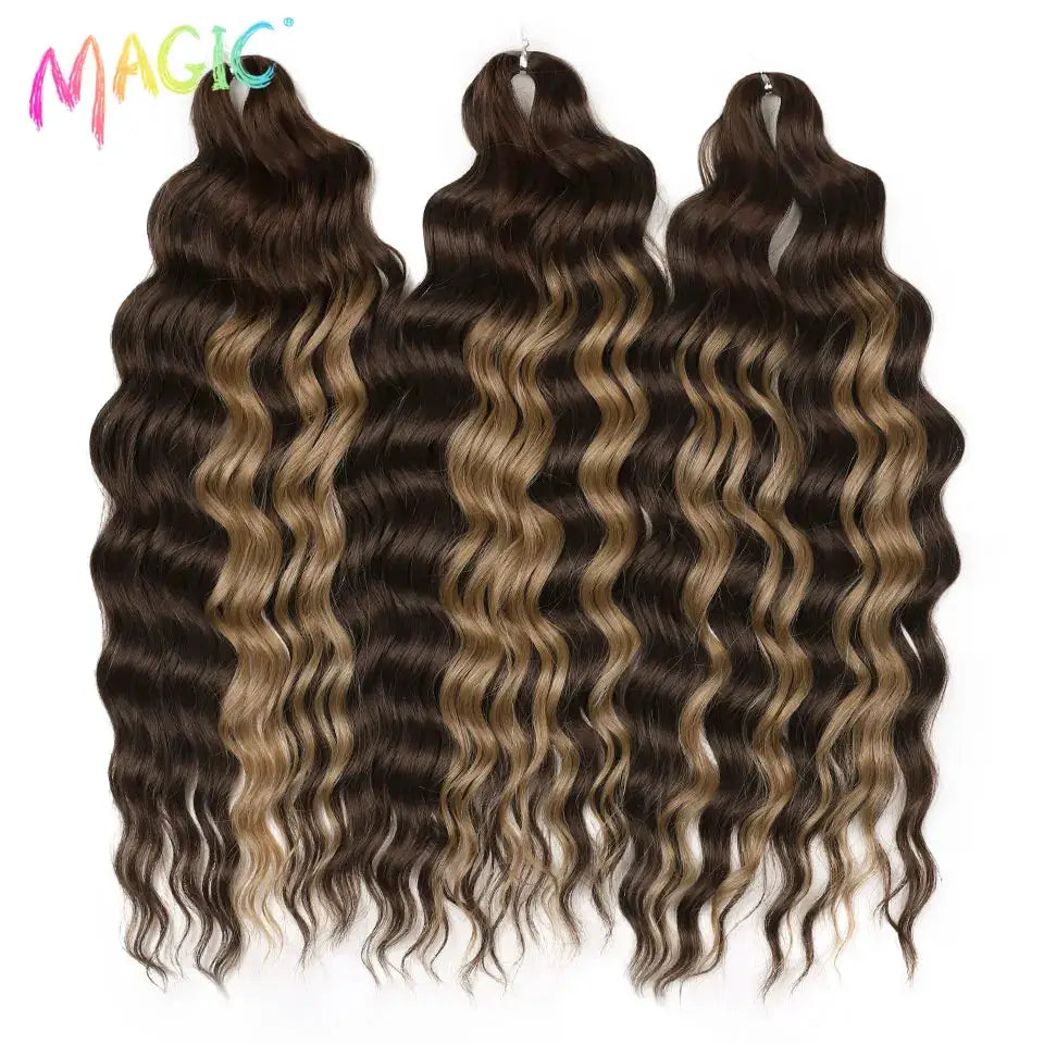 Anna synthetic hair 24in water-wave crochet extensions in ombre blonde and dark brown, 3 bundles shown