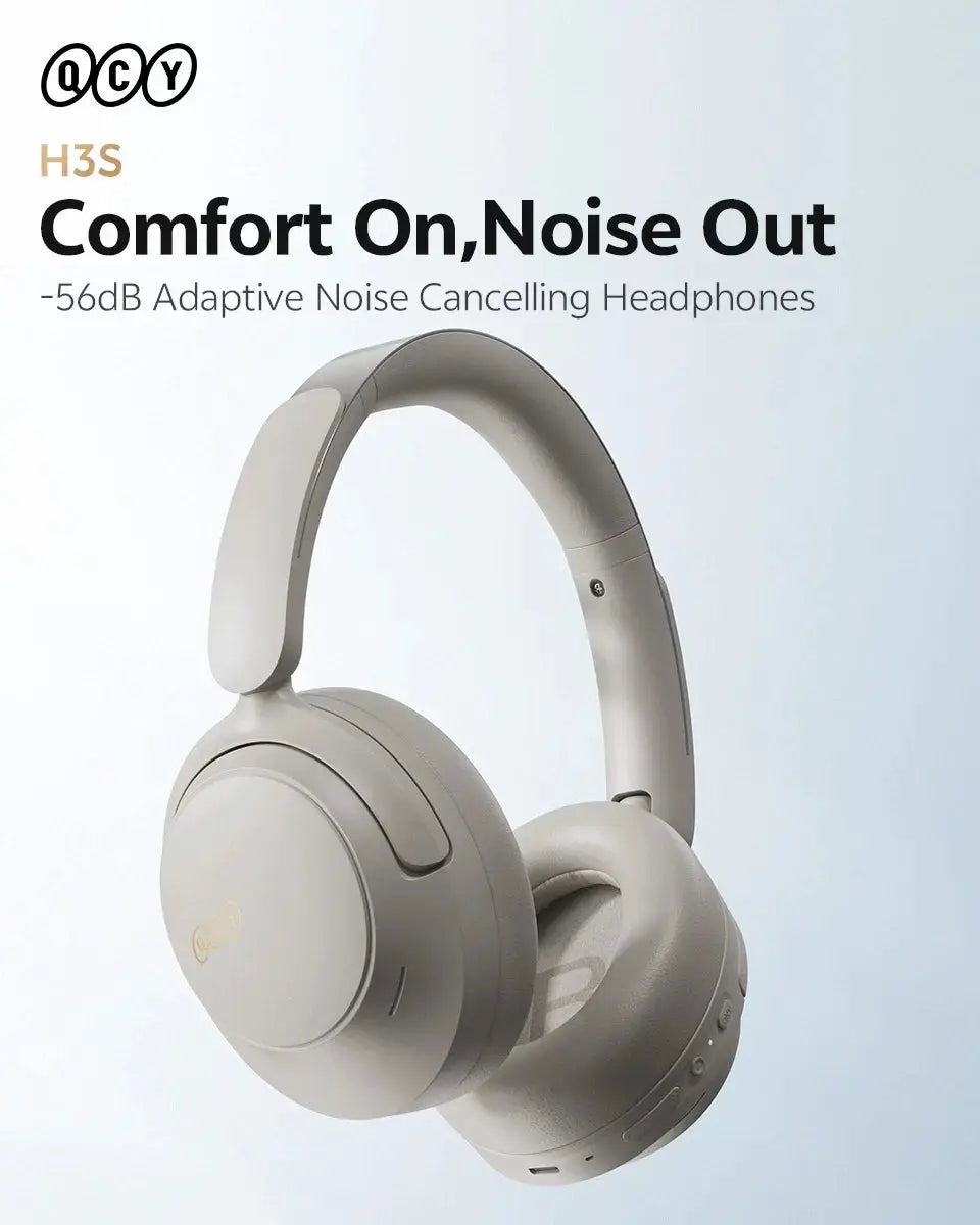 QCY H3S over-ear wireless headphones in light gray with adaptive noise cancelling