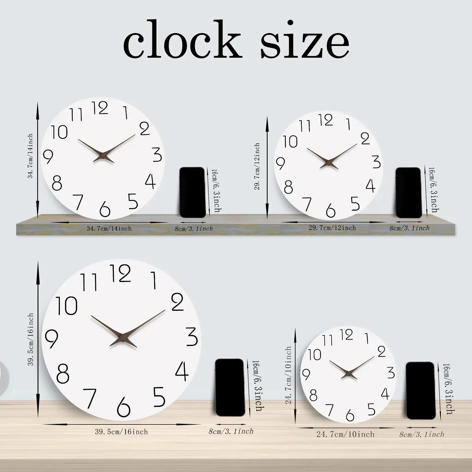 Simples Market casual modern white wall clock set; two clocks with black numerals on a shelf, silent quartz movement