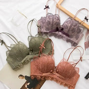 Lace floral embroidery bralette set; three wireless 3/4 cup bras in lavender, olive, and blush with adjustable straps