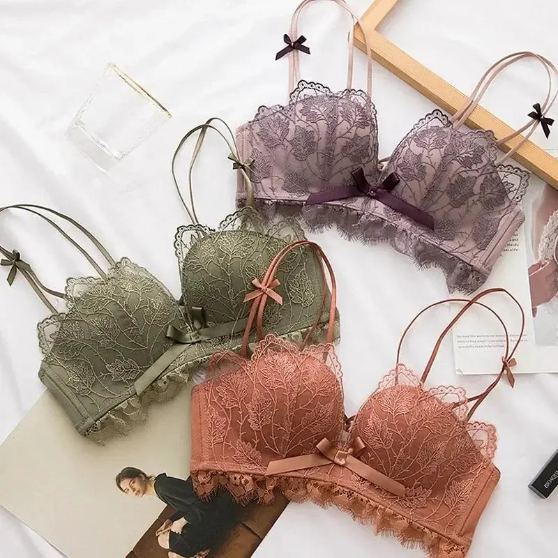 Lace floral embroidery bralette set; three wireless 3/4 cup bras in lavender, olive, and blush with adjustable straps