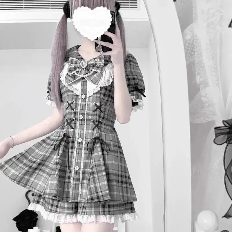 Y2K Lolita Bow Dress Shorts Set Gothic Lace Flare Sleeve Shirt Dress