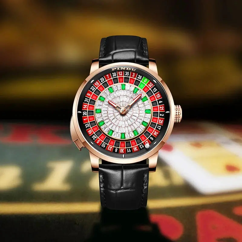 PINDU mechanical men's wristwatch with rose-gold case, black leather strap, roulette-style dial and sapphire glass
