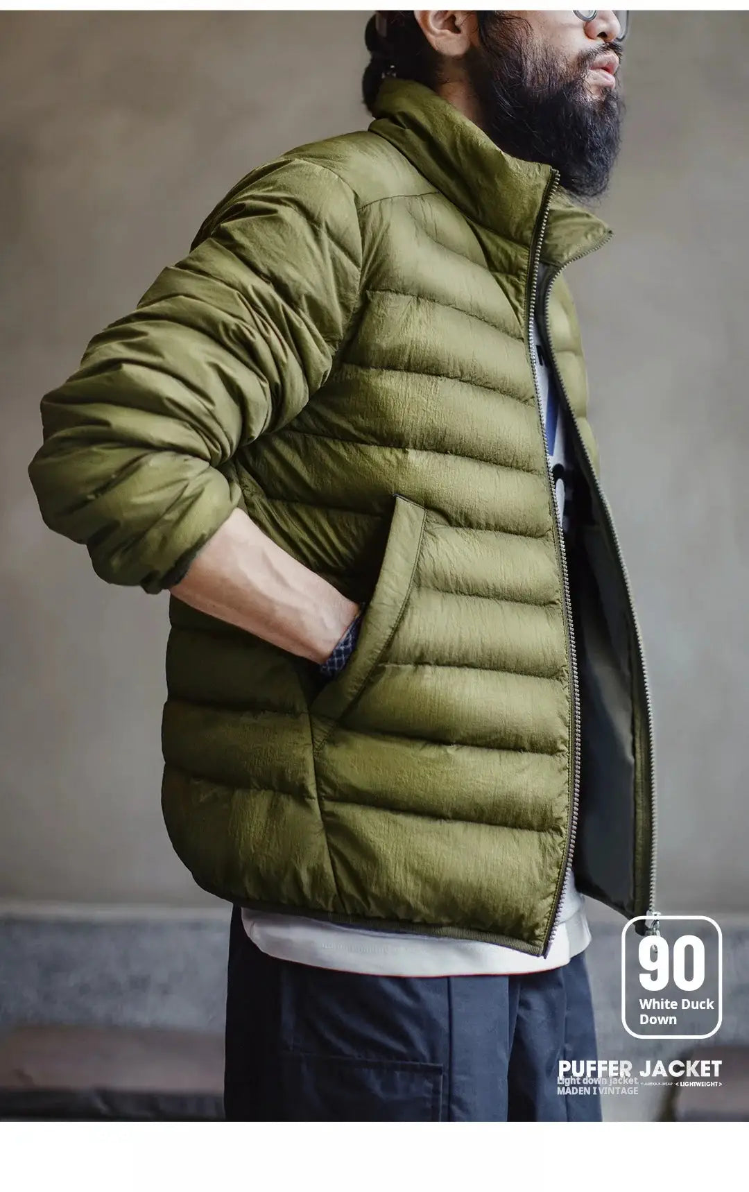 Olive green Maden Winter men's stand-up collar down jacket with zip front and pockets; white duck down filling