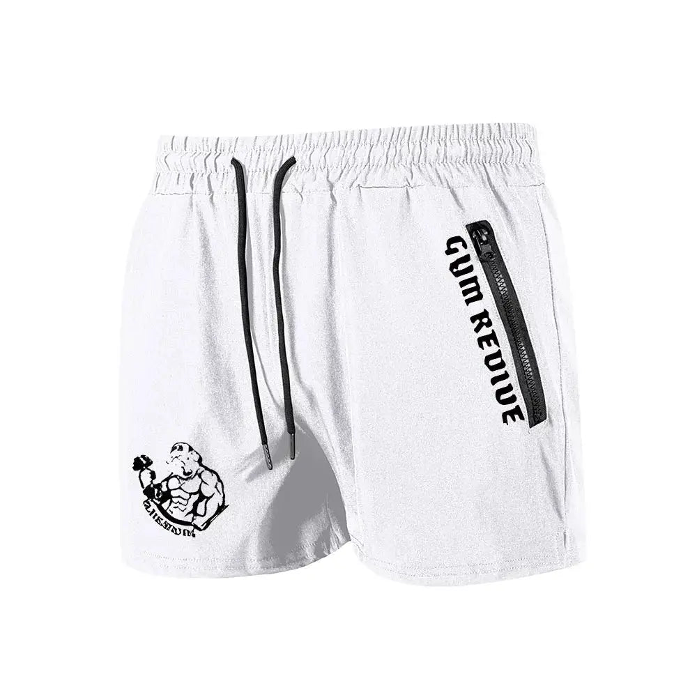 Men's white quick-dry gym shorts with black drawstrings and a side zip pocket; left-leg printed graphic.