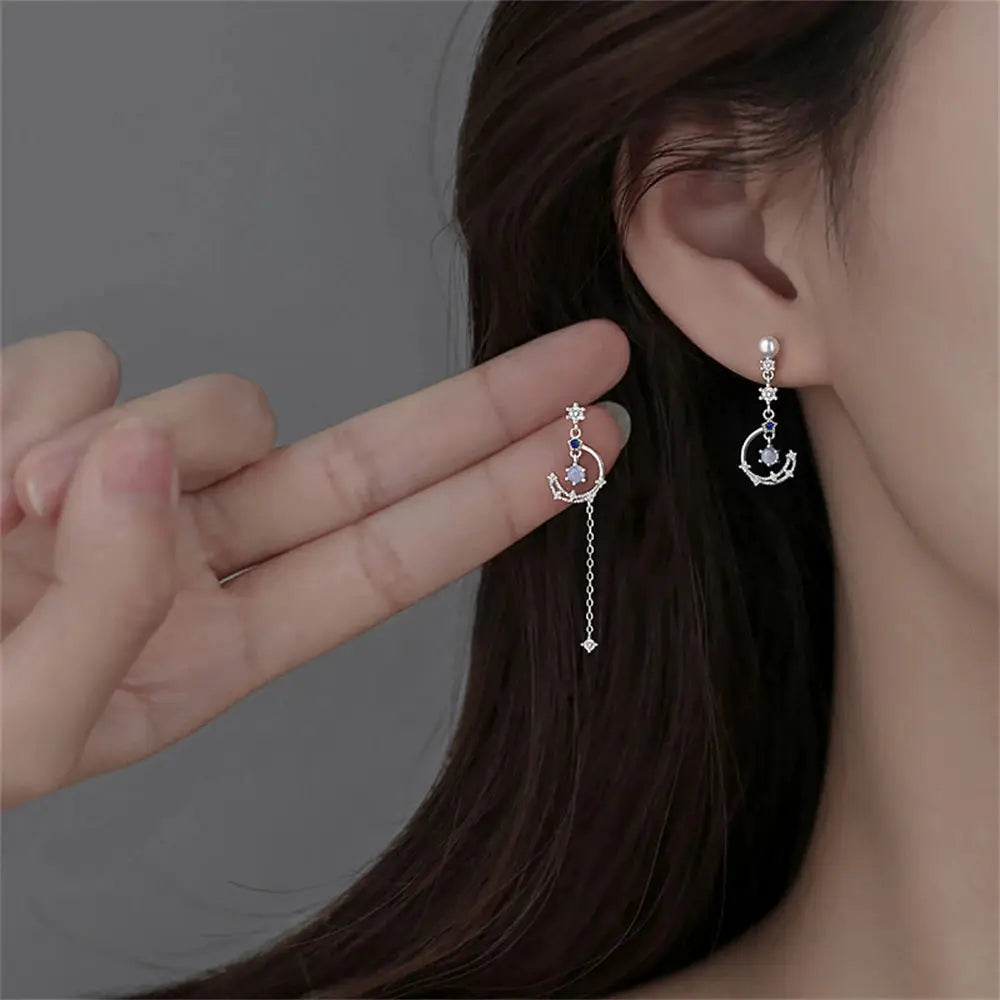 Korean Exquisite Moon Planet Butterfly tassel drop earrings, silver-tone with crystal accents, Simples Market pair