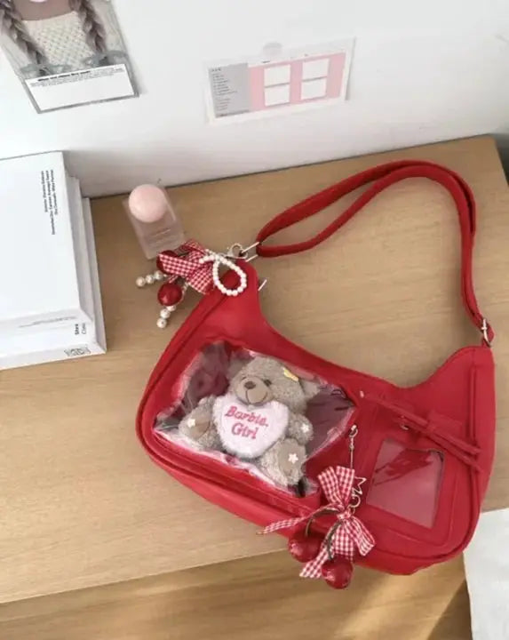 Y2k Harajuku transparent ita bag red shoulder bag; clear panel shows teddy plush inside with Barbie Girl text