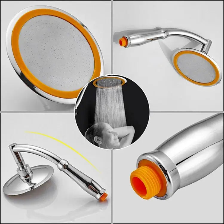6-inch high-pressure rainfall shower head and handheld sprayer set with 360° rotation; chrome finish with orange accents