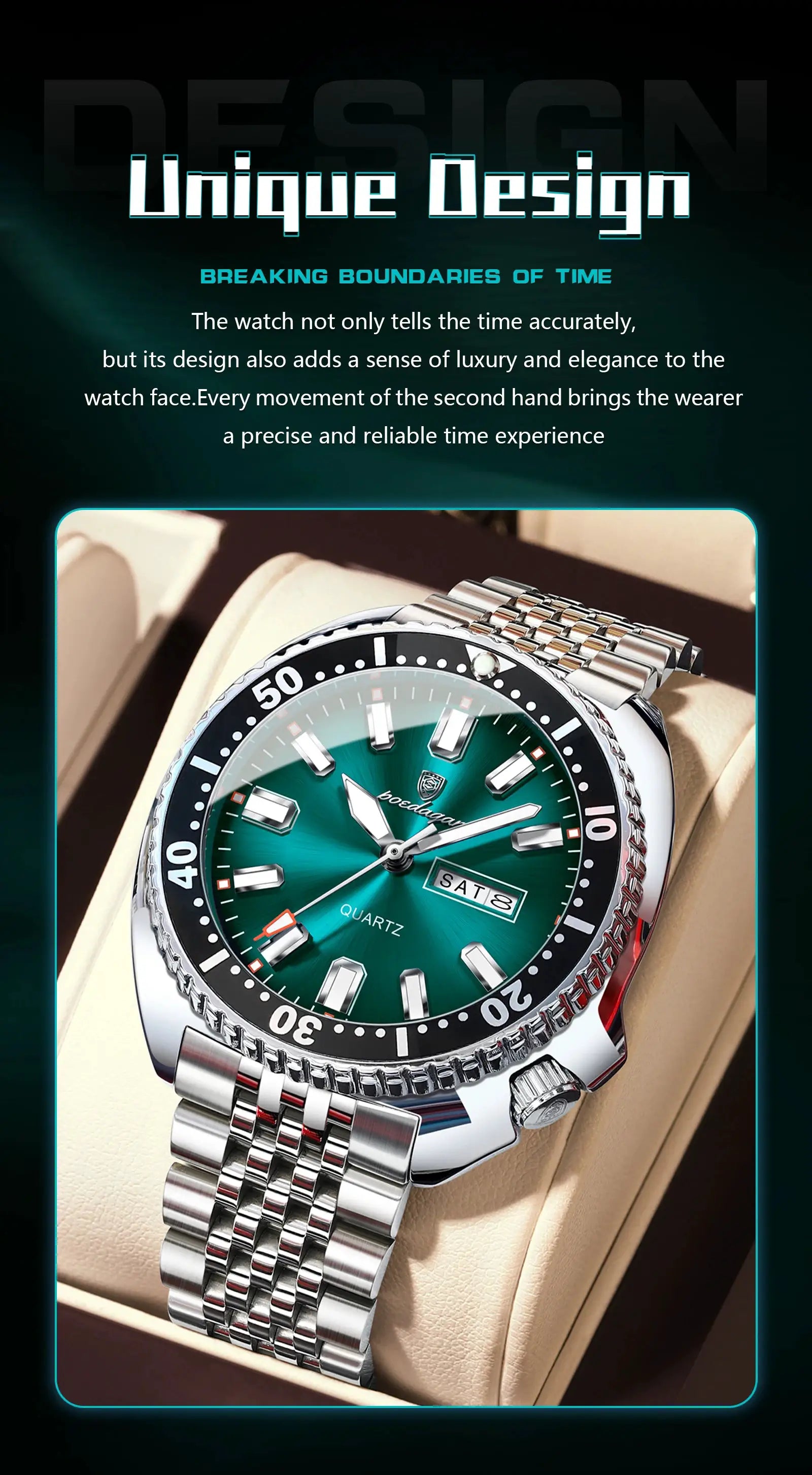 POEDAGAR luxury men's stainless steel wristwatch with green dial, date window, waterproof