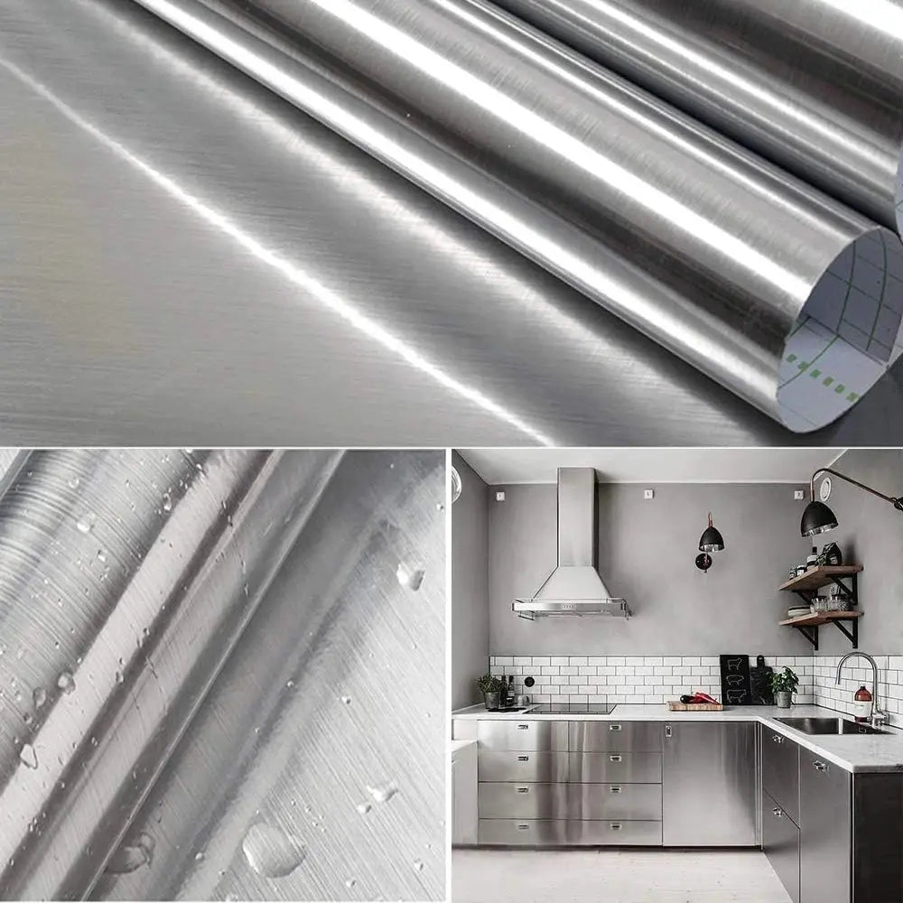 40cm Brushed Silver Stainless Steel Effect Wall Sticker for Kitchen Living Room Fridge Countertop Adhesive Wallpaper