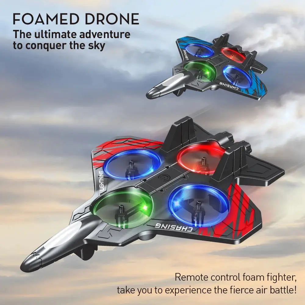 Simples Market E72 High foam stunt drone with fixed-height hover; two LED-lit fighter UAVs in red/black and blue/green.