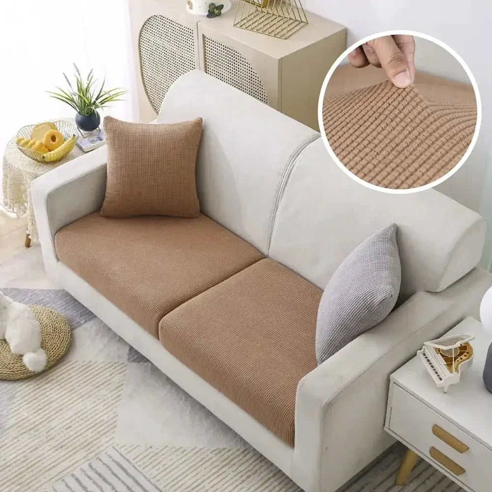 Tan jacquard fleece sofa cover set for a white couch; stretchy removable seat protectors for chaise lounge