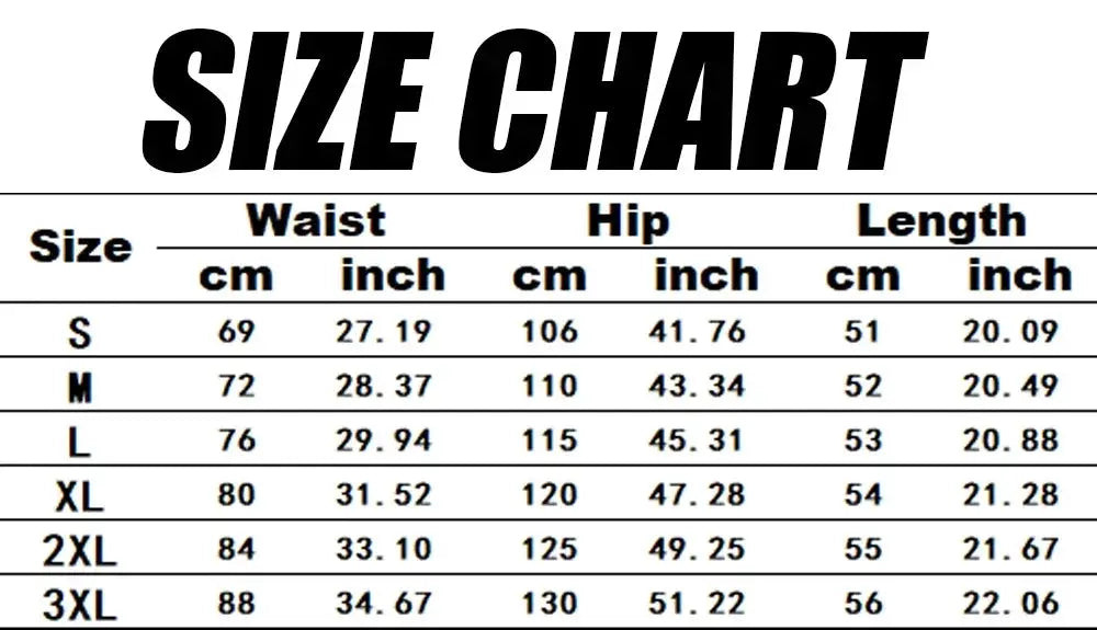 Men's tactical cargo shorts size chart showing waist, hip and length from S to 3XL