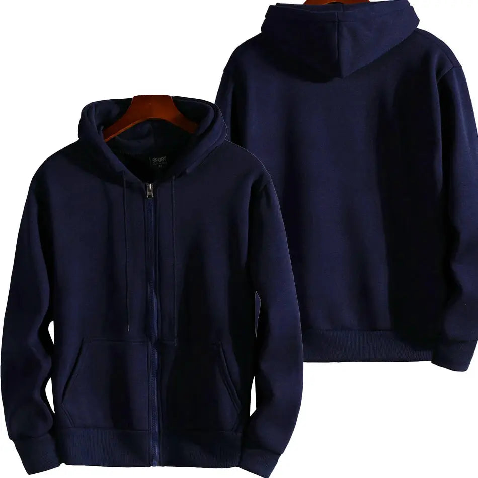 Navy blue zip-up hoodie with drawstring hood, front pockets and long sleeves