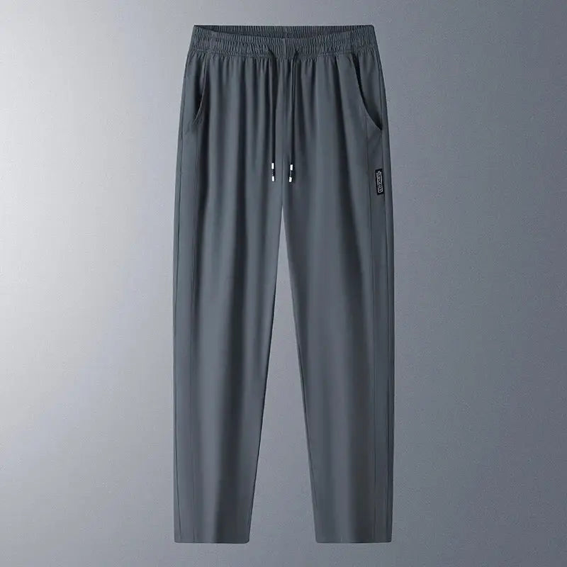 Simples Market gray running pants with ice-silk cooling fabric, soft stretch, quick-dry, loose fit.