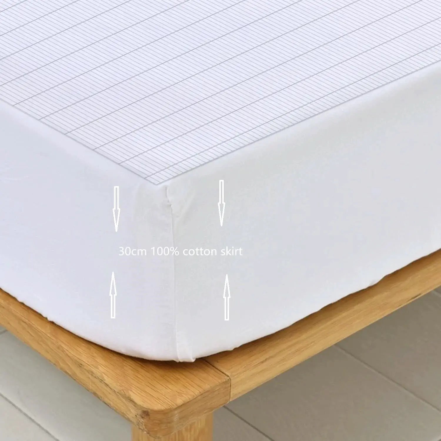 MAXSHARER earthing fitted sheet in white organic cotton with conductive silver fiber grounding and 30cm cotton skirt