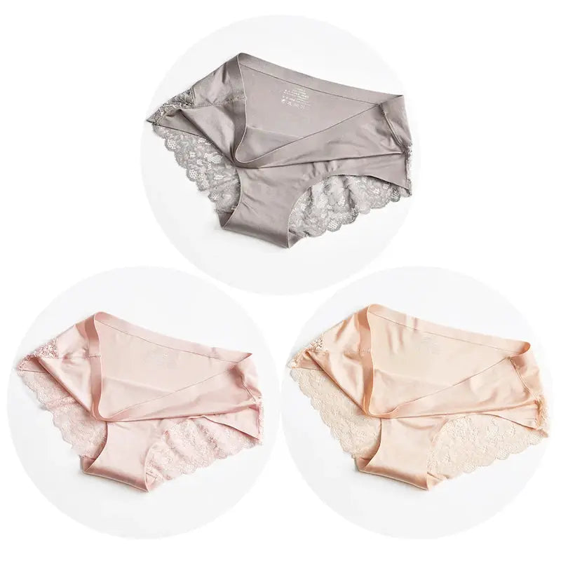 TrowBridge 3-piece satin lace panties set by Simples Market in gray, pink, and peach