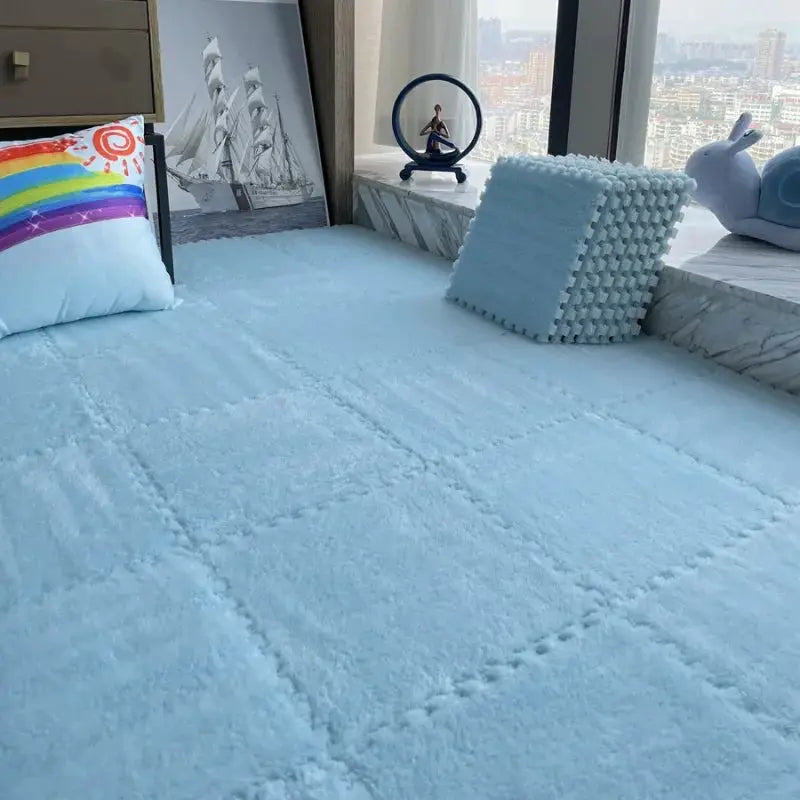 Soft plush EVA foam interlocking puzzle mat for babies, light blue with 30 cm tiles