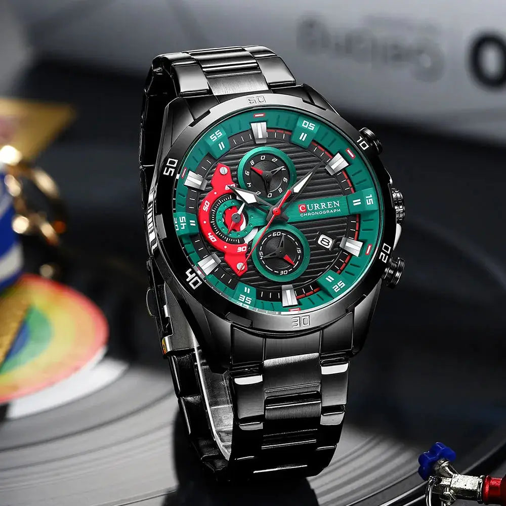 CURREN 8402 men's stainless steel watch with teal luminous dial and chronograph on a metal bracelet