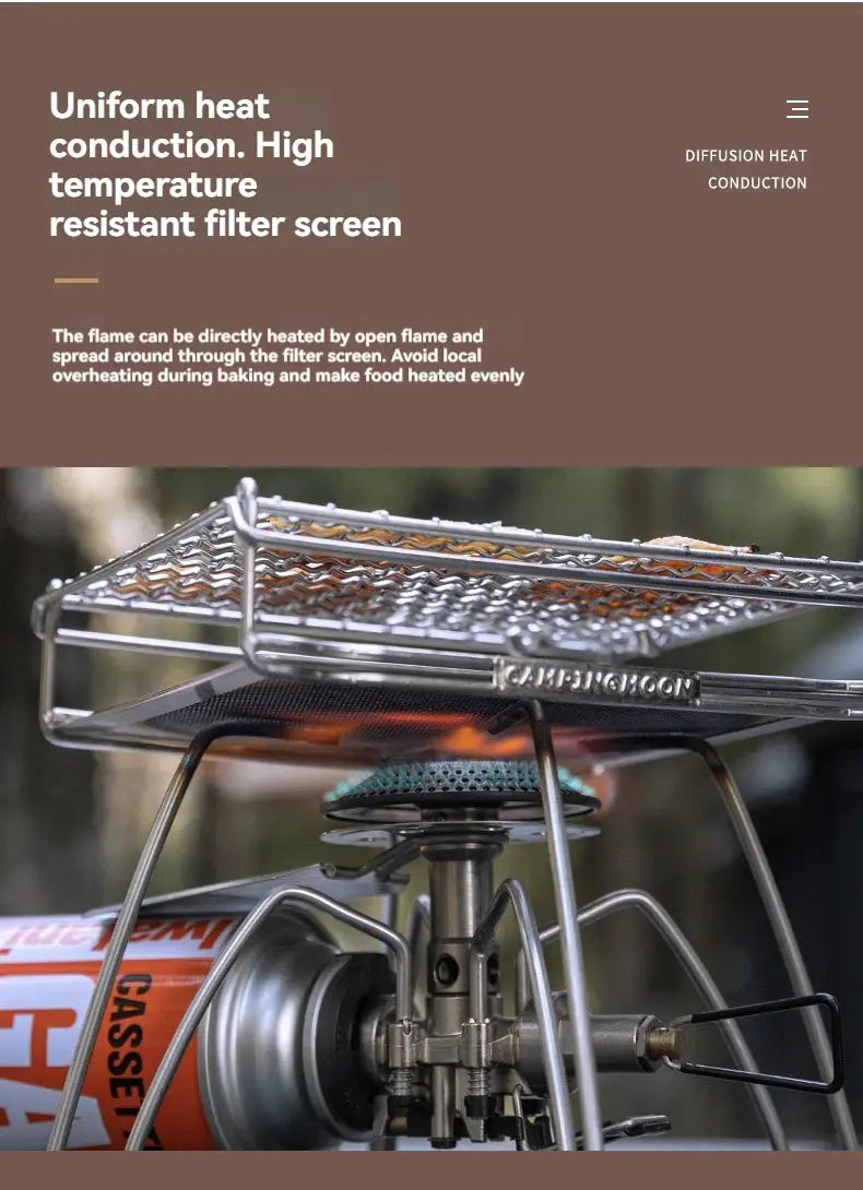 CampingMoon stainless steel folding toast grill net on a portable gas stove