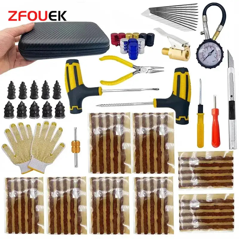 ZFOUEK auto tire repair kit by Simples Market with yellow-handled tools, patches, plugs and gloves