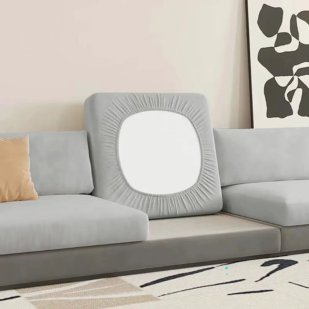 Sofa seat cushion cover by Simples Market, light gray velvet with oval white insert, stretch-fit