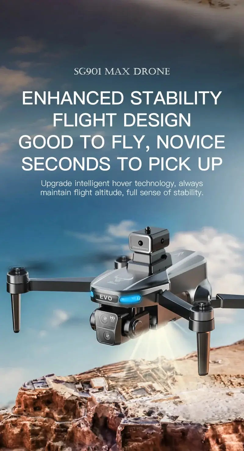 Lenovo SG901 MAX GPS drone with folding arms and front camera, blue LED accents in flight over rocky terrain