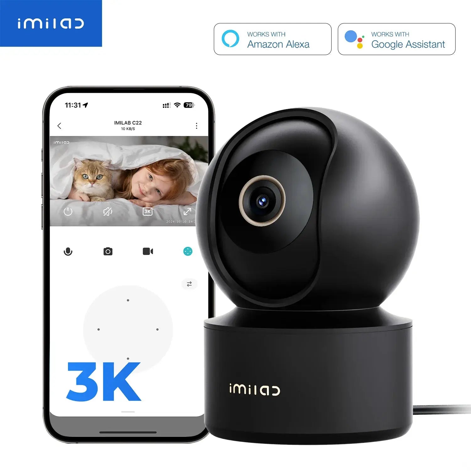 Imilab baby monitor indoor security camera, black sphere, 360° PTZ with AI detection and 2-way audio